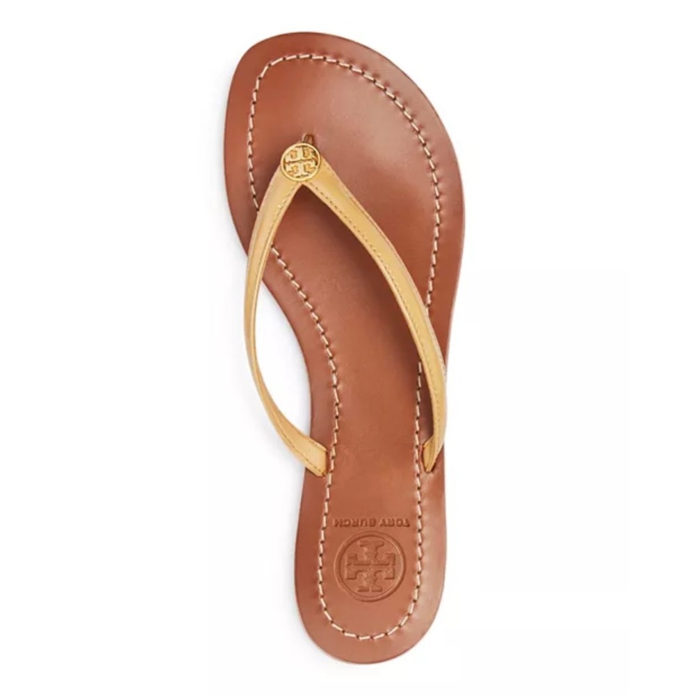 Tory Burch Terra Thong Patent Leather Sandals Nude Gold Logo Flip Flops Flat 7M - Picture 12 of 13